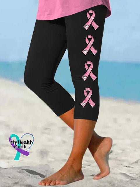 Women’s Pink Ribbon Breast Cancer Awareness Warrior Supporter Cropped Leggings Black / S