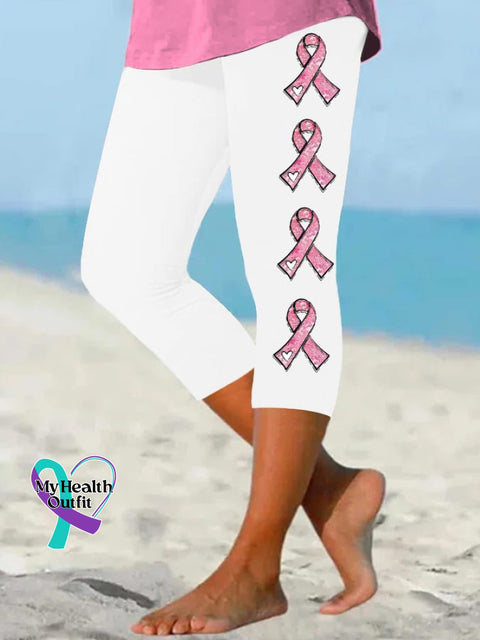 Women’s Pink Ribbon Breast Cancer Awareness Warrior Supporter Cropped Leggings White / S