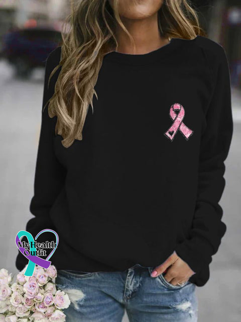 Women’s Pink Ribbon Breast Cancer Awareness Warrior Supporter Print Casual Sweatshirt Black / S