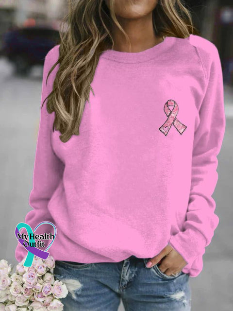 Women’s Pink Ribbon Breast Cancer Awareness Warrior Supporter Print Casual Sweatshirt Pink / S