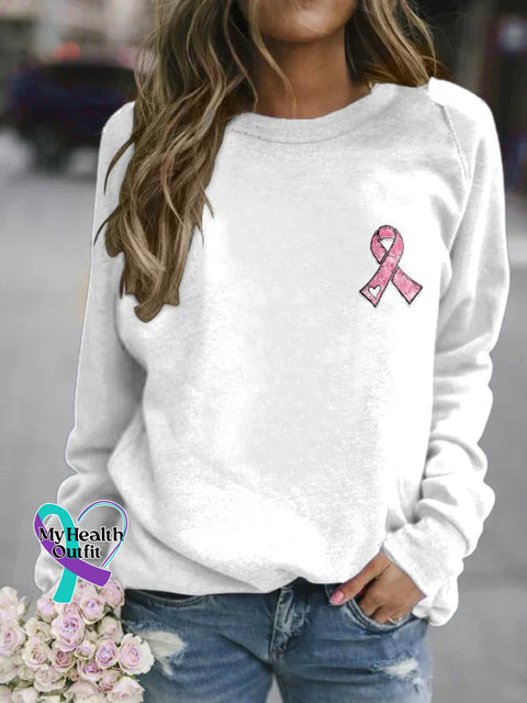 Women’s Pink Ribbon Breast Cancer Awareness Warrior Supporter Print Casual Sweatshirt White / S