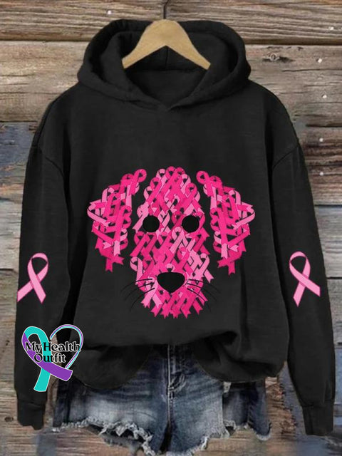 Women’s Pink Ribbon Dog Breast Cancer Awareness Print Casual Sweatshirt Black / S