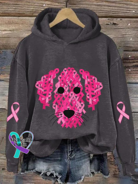 Women’s Pink Ribbon Dog Breast Cancer Awareness Print Casual Sweatshirt Dark Grey / S