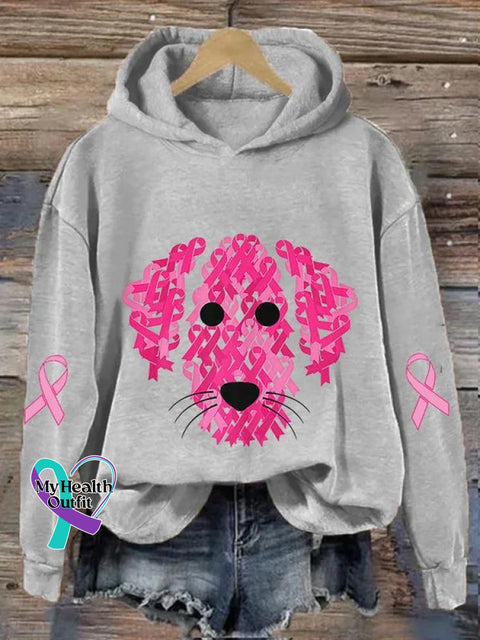 Women’s Pink Ribbon Dog Breast Cancer Awareness Print Casual Sweatshirt Grey / S