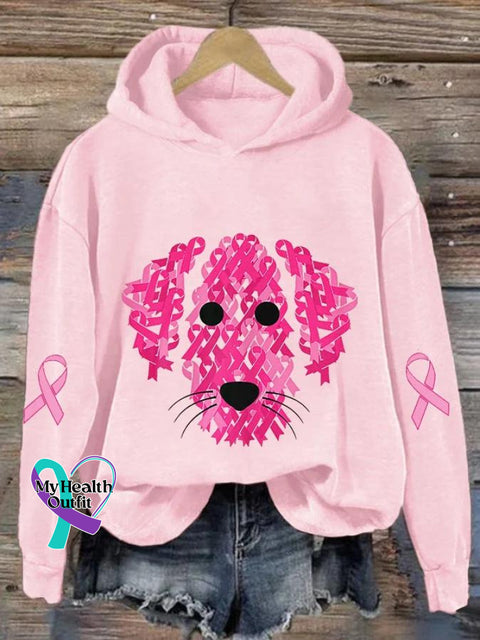 Women’s Pink Ribbon Dog Breast Cancer Awareness Print Casual Sweatshirt / S