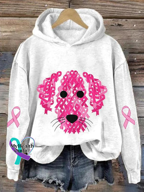 Women’s Pink Ribbon Dog Breast Cancer Awareness Print Casual Sweatshirt White / S