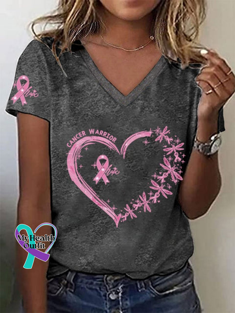 Women’s Pink Ribbon Heart Hope Breast Cancer Awareness Warrior Tee Dark Grey / S
