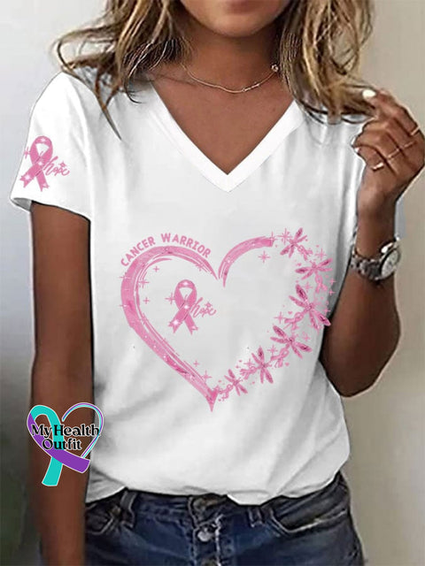 Women’s Pink Ribbon Heart Hope Breast Cancer Awareness Warrior Tee White / S