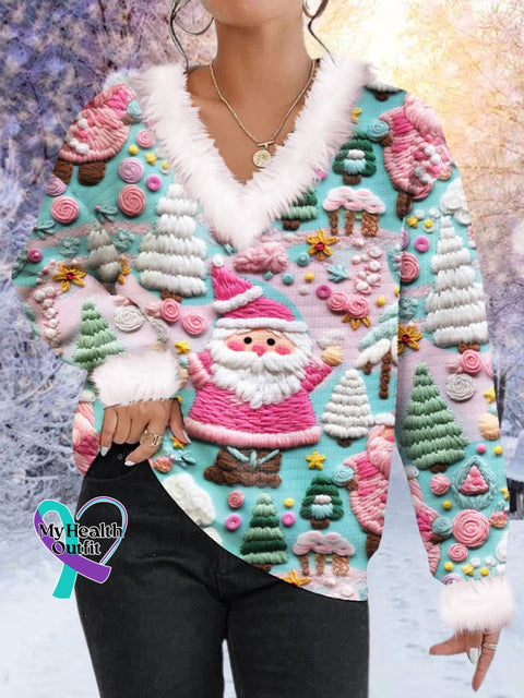 Women’s Pink Santa Print Fur Collar Sweatshirt As Shown / S