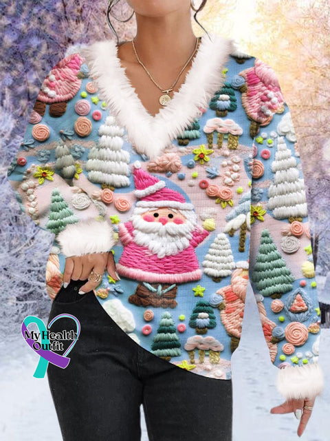 Women’s Pink Santa Print Fur Collar Sweatshirt Blue / S