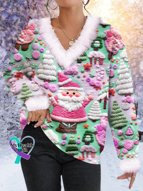 Women’s Pink Santa Print Fur Collar Sweatshirt Green / S