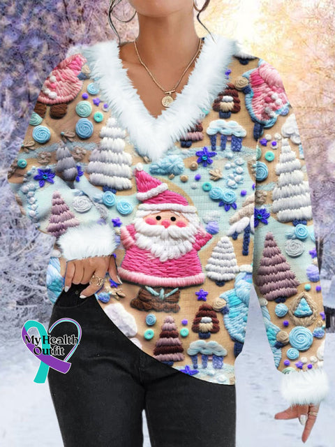 Women’s Pink Santa Print Fur Collar Sweatshirt Khaki / S