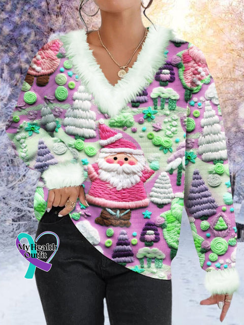 Women’s Pink Santa Print Fur Collar Sweatshirt Purple / S