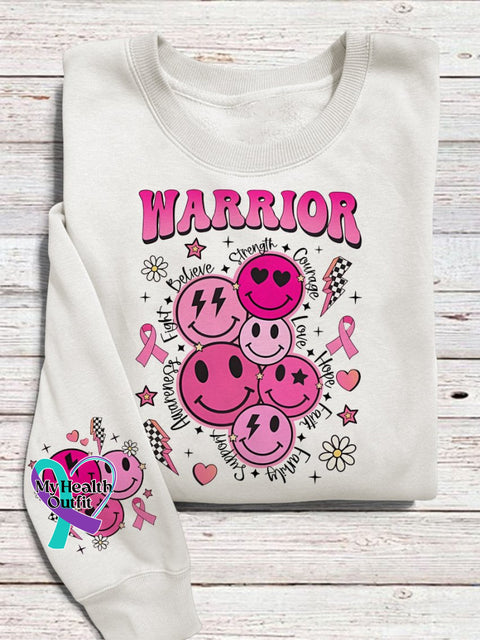 Women’s Pink Smiley Face Retro Breast Cancer Warrior Print Casual Sweatshirt White / S