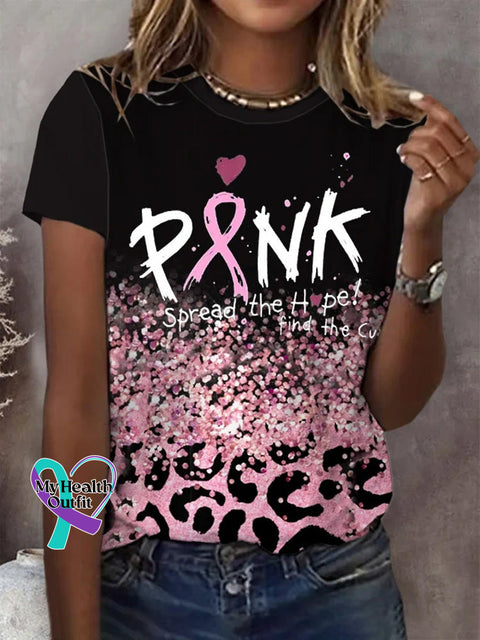 Women’s Pink Spread The Hope Find Cure Print Casual Round Neck T-Shirt Black / S