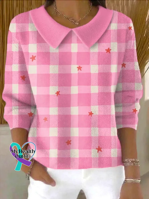 Women’s Plaid Pattern Art Print Casual Cotton Sweater Pink / S