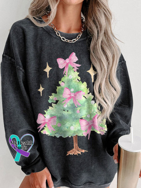 Women’s Preppy Christmas Tree With Red Bow Casual Print Corduroy Sweatshirt Black / S
