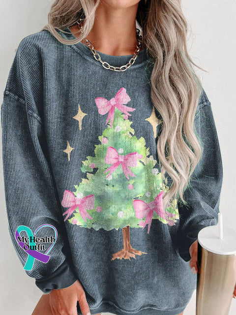 Women’s Preppy Christmas Tree With Red Bow Casual Print Corduroy Sweatshirt Blue / S
