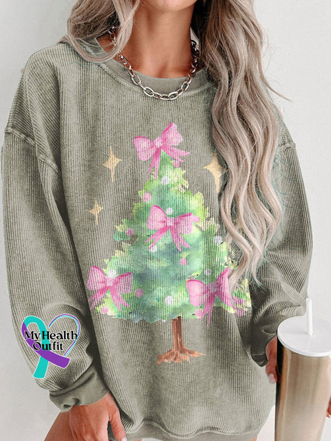 Women’s Preppy Christmas Tree With Red Bow Casual Print Corduroy Sweatshirt Brown / S