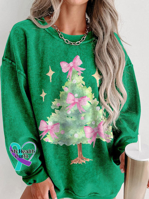 Women’s Preppy Christmas Tree With Red Bow Casual Print Corduroy Sweatshirt Green / S