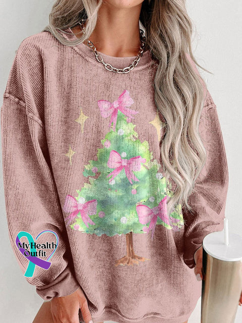 Women’s Preppy Christmas Tree With Red Bow Casual Print Corduroy Sweatshirt Pink / S