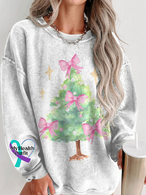 Women’s Preppy Christmas Tree With Red Bow Casual Print Corduroy Sweatshirt White / S