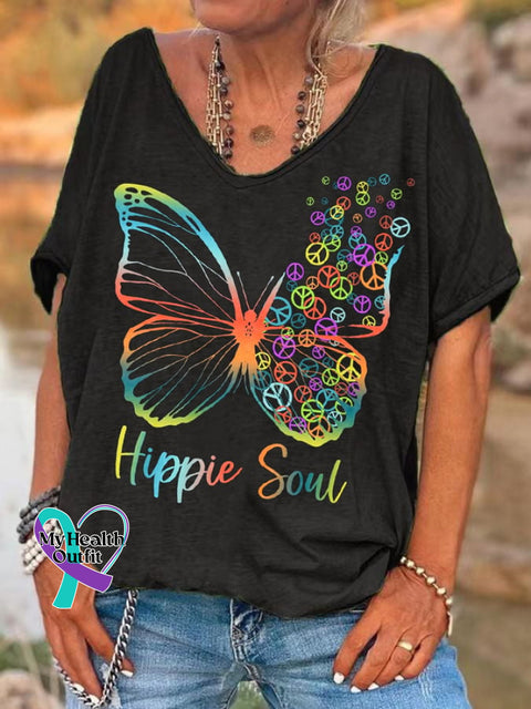 Women’s Pretty Hippie Soul Butterfly With Peace Signs Print T-Shirt Black / S