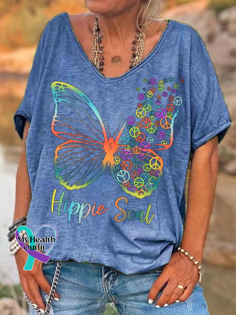 Women’s Pretty Hippie Soul Butterfly With Peace Signs Print T-Shirt Blue / S