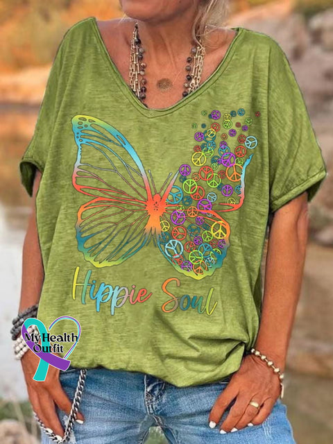Women’s Pretty Hippie Soul Butterfly With Peace Signs Print T-Shirt Green / S