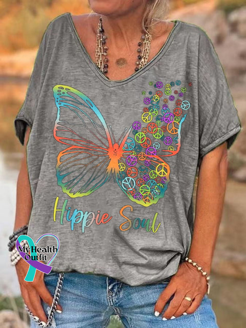 Women’s Pretty Hippie Soul Butterfly With Peace Signs Print T-Shirt Grey / S