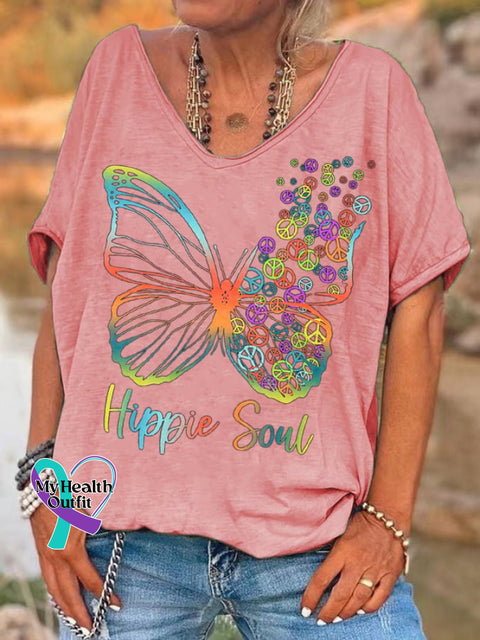 Women’s Pretty Hippie Soul Butterfly With Peace Signs Print T-Shirt Pink / S