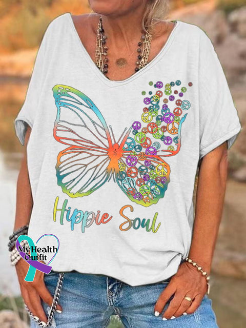 Women’s Pretty Hippie Soul Butterfly With Peace Signs Print T-Shirt White / S