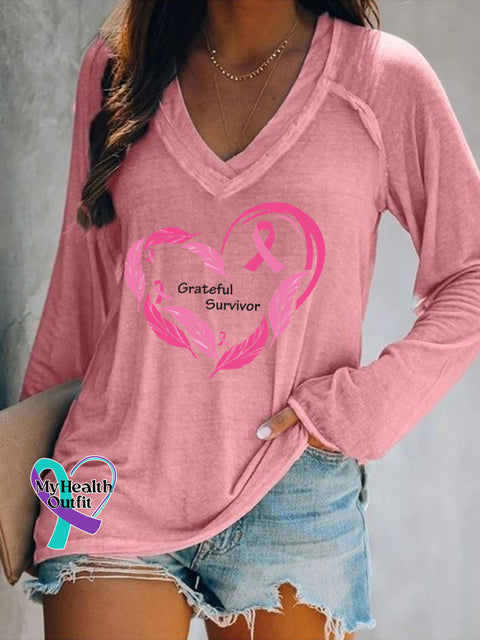 Women’s Print Breast Cancer Awareness Casual V Neck Long Sleeve Tops Pink / S