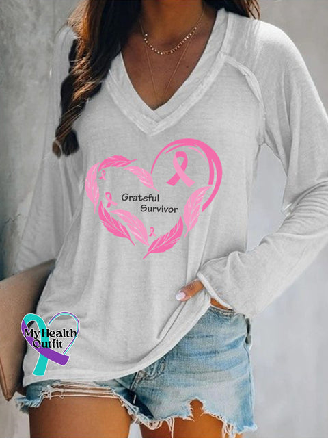 Women’s Print Breast Cancer Awareness Casual V Neck Long Sleeve Tops White / S