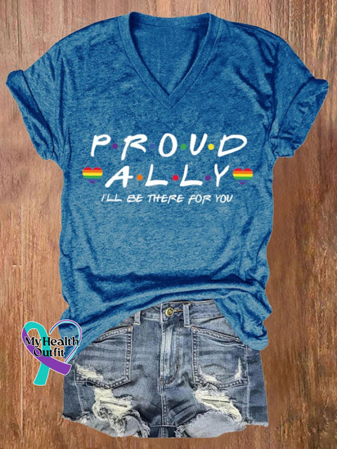Women’s Proud Ally I’ll Be There For You Print V Neck Casual T-Shirt Blue / S