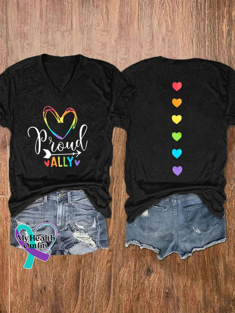 Women’s Proud Ally Rainbow Love Heart Print T-Shirt Black / S
