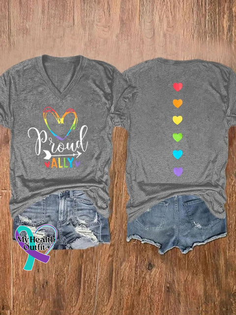 Women’s Proud Ally Rainbow Love Heart Print T-Shirt Grey / S