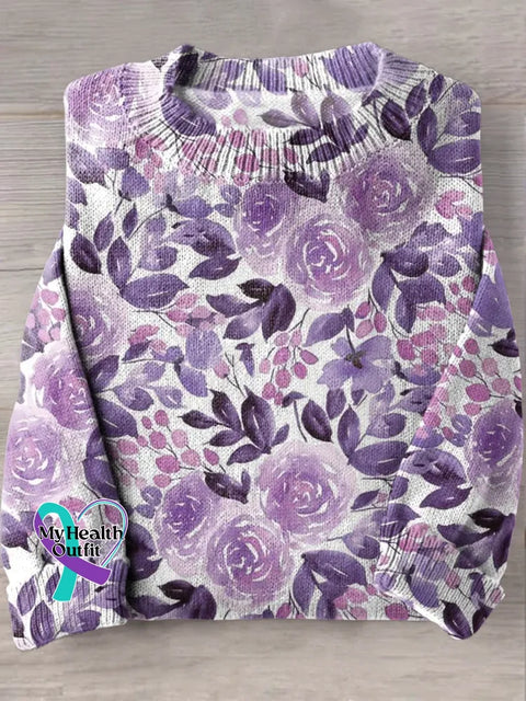 Women’s Purple Alzheimer Awareness Art Print Knit Pullover Sweater Multicolor / S