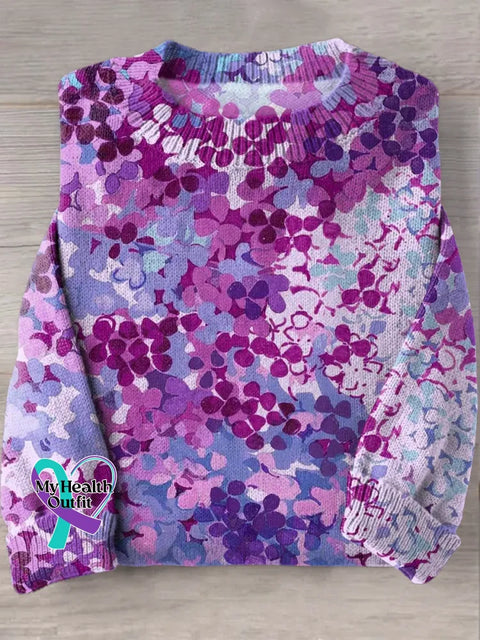 Women’s Purple Alzheimer Awareness Art Print Knit Pullover Sweater Multicolor / S