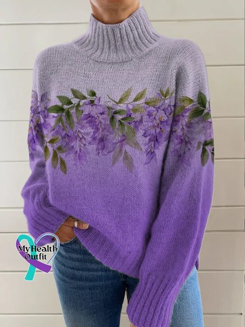 Women’s Purple Alzheimer Awareness Art Print Knit Turtleneck Pullover Sweater Purple / S