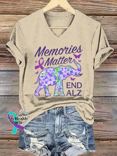 Women’s Purple Alzheimer Awareness Art V-neck Casual T-Shirt Apricot / S