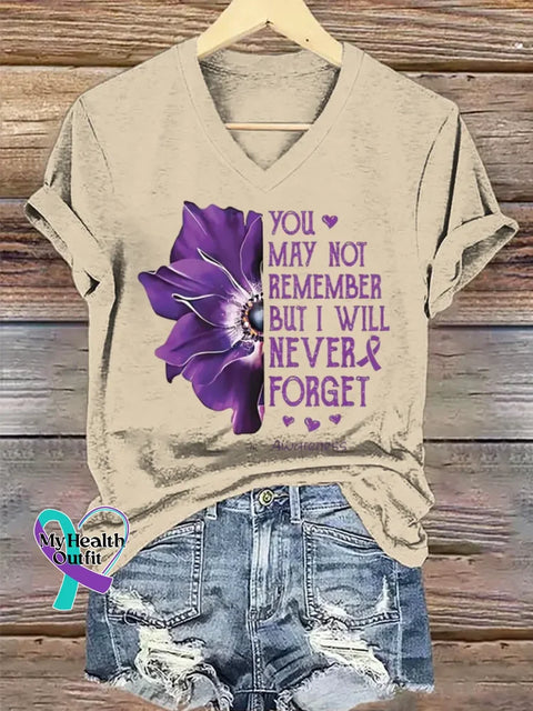 Women’s Purple Alzheimer Awareness Art V-neck Casual T-Shirt Apricot / S