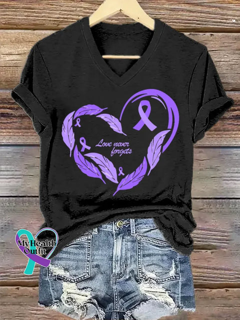 Women’s Purple Alzheimer Awareness Art V-neck Casual T-Shirt Black / S