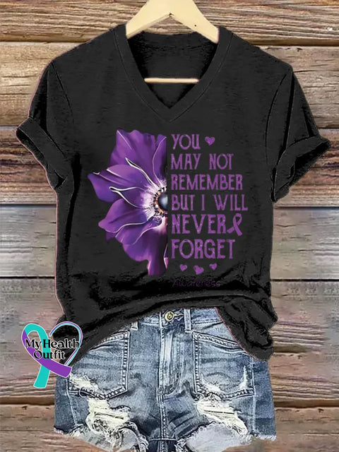 Women’s Purple Alzheimer Awareness Art V-neck Casual T-Shirt Black / S
