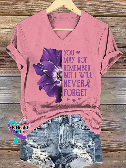 Women’s Purple Alzheimer Awareness Art V-neck Casual T-Shirt Pink / S