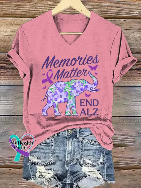 Women’s Purple Alzheimer Awareness Art V-neck Casual T-Shirt Pink / S