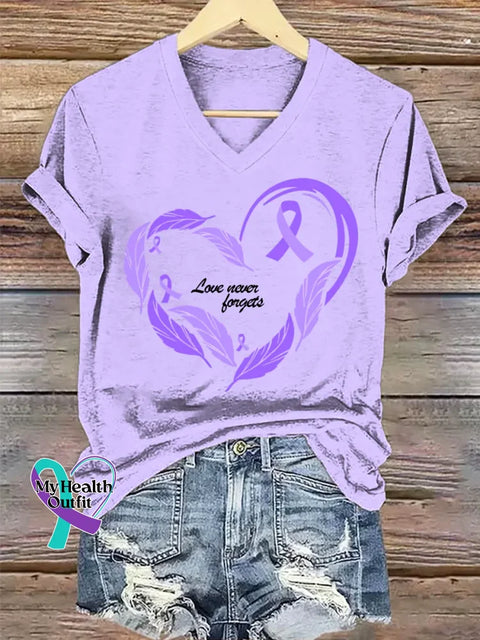 Women’s Purple Alzheimer Awareness Art V-neck Casual T-Shirt Purple / S