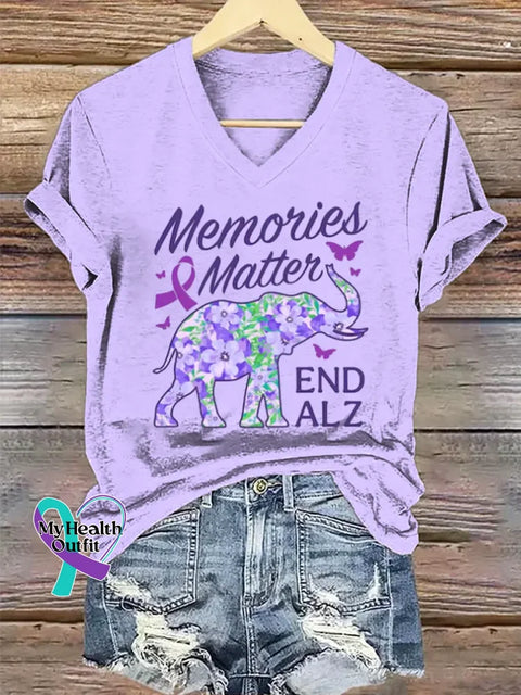 Women’s Purple Alzheimer Awareness Art V-neck Casual T-Shirt Purple / S