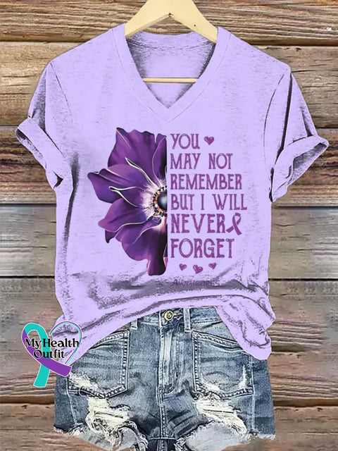 Women’s Purple Alzheimer Awareness Art V-neck Casual T-Shirt Purple / S