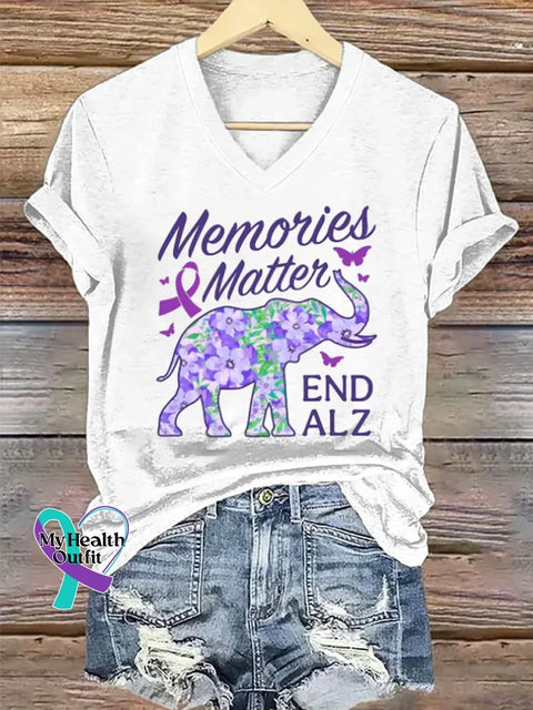 Women’s Purple Alzheimer Awareness Art V-neck Casual T-Shirt White / S